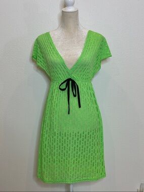 Neon Green V‑Neck Tie‑Waist Dress Coverup